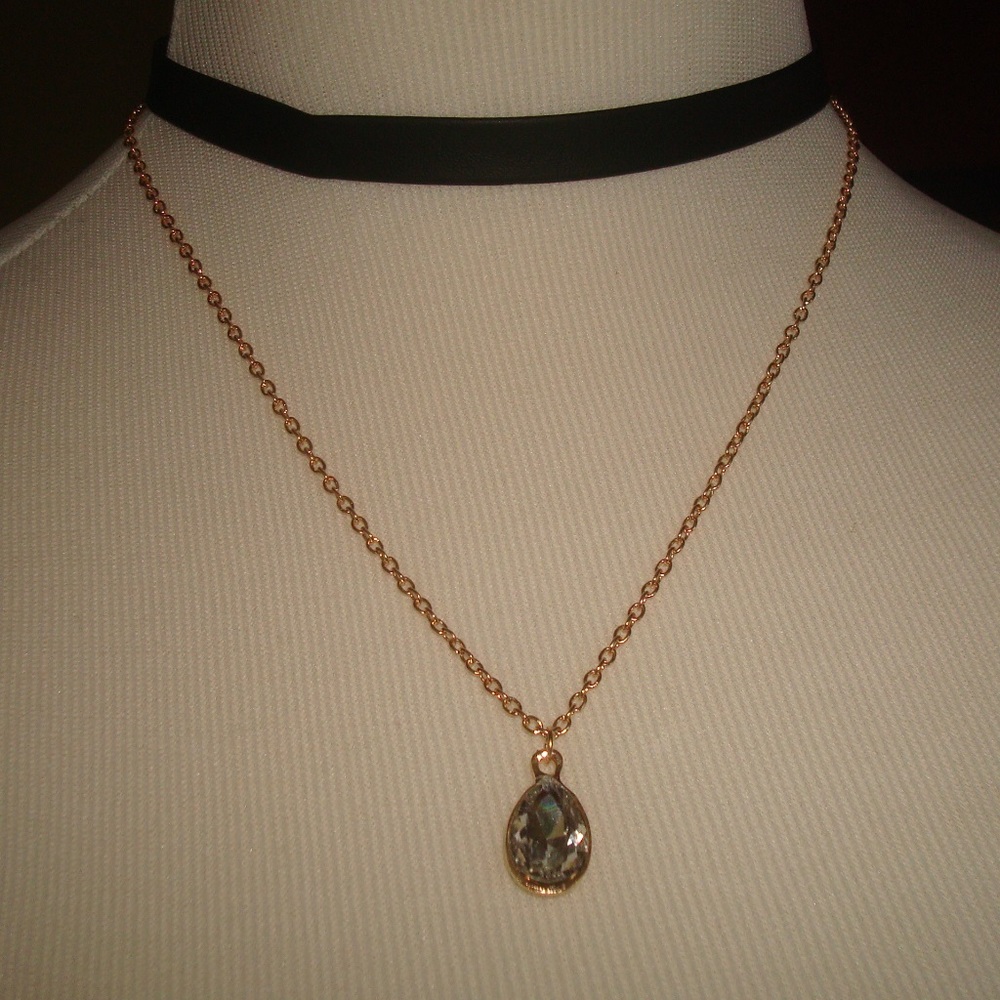 Black Choker with Clear Drop Stone Necklace